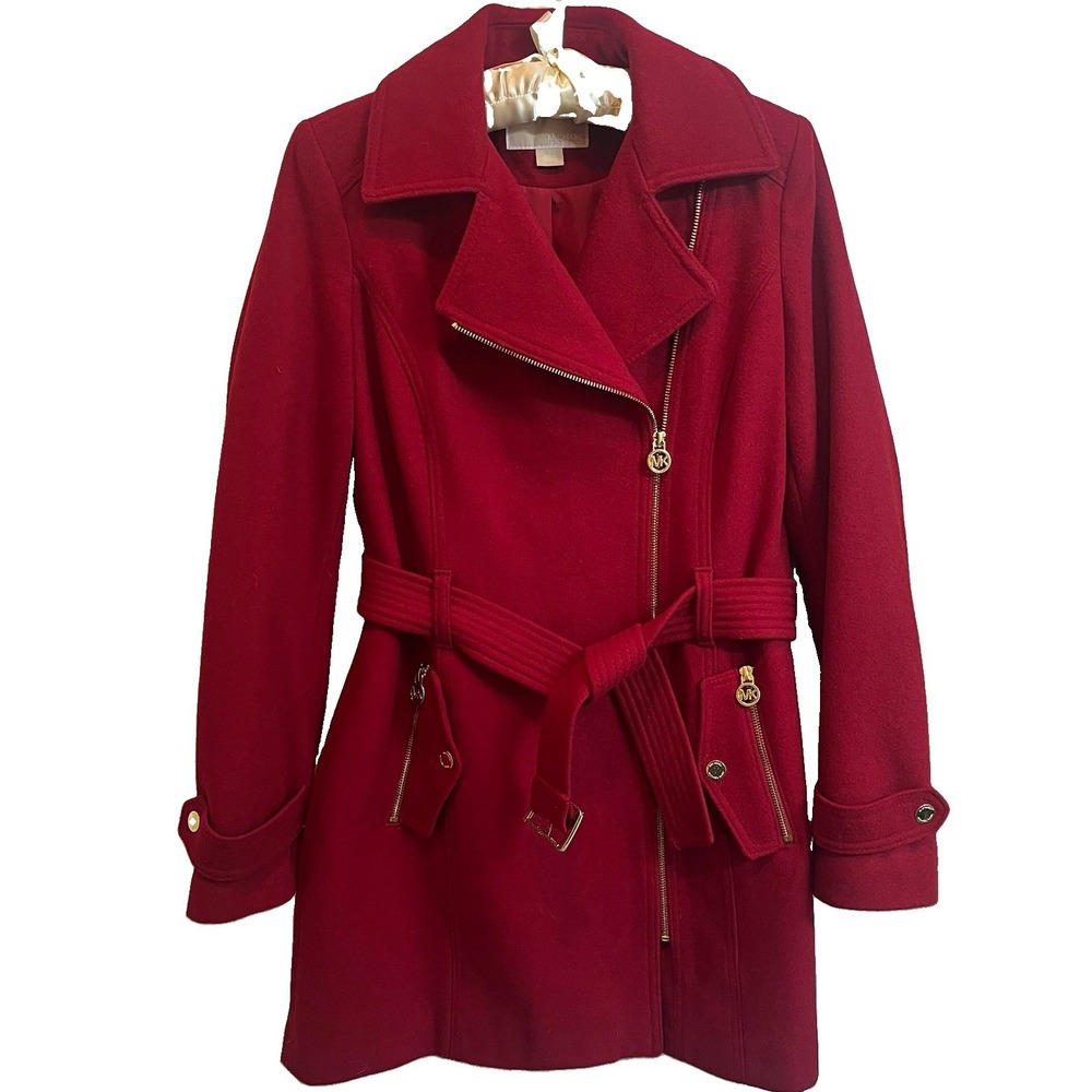 Michael Kors Red Wool Blend Asymmetrical Jacket Gold Tone Accents Belt Women's S